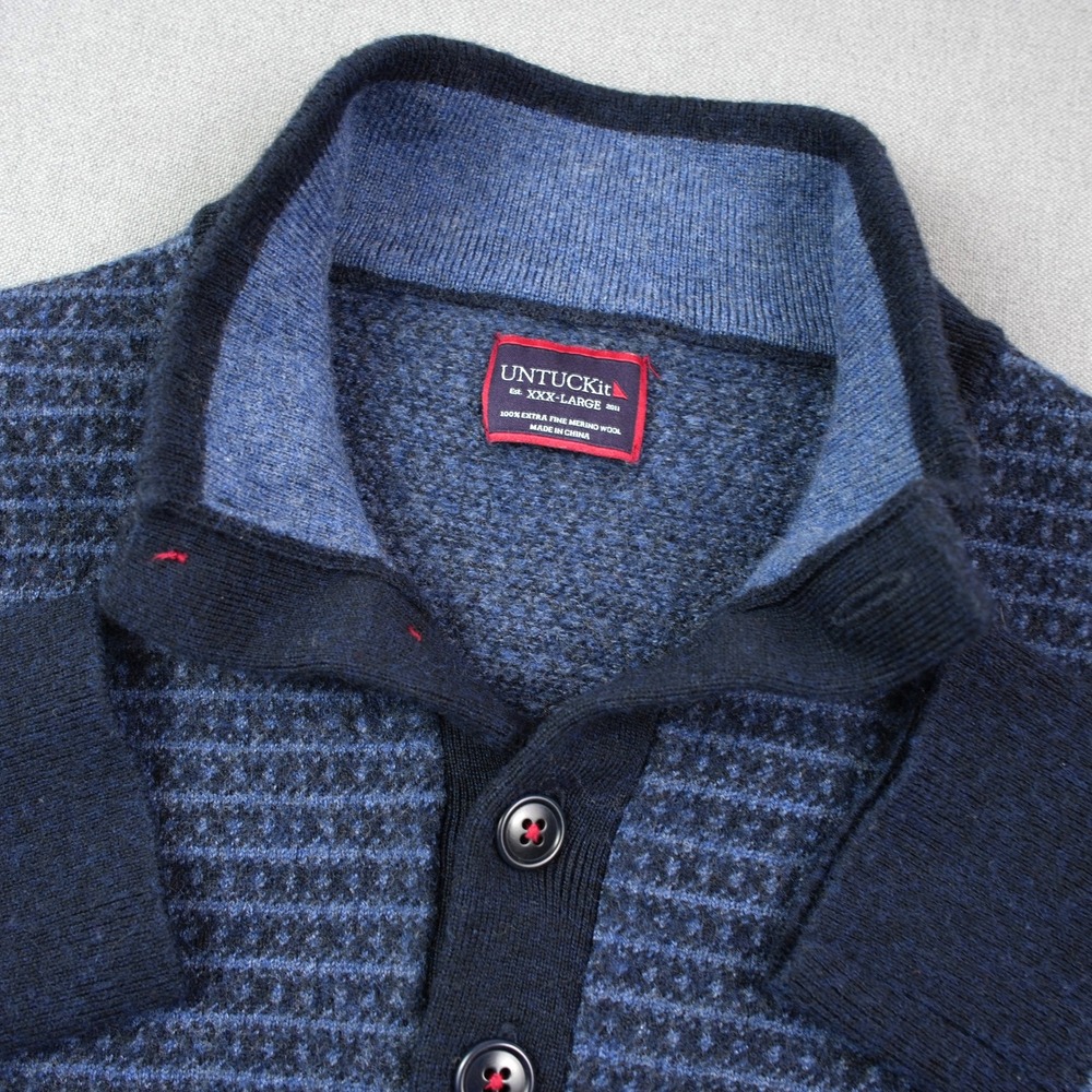 Untuckit Mock Neck Patterned 3 Button Merino Wool Pullover Sweater Mens Preppy